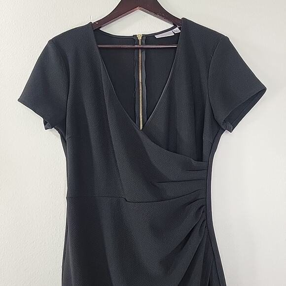 Bisou Bisou Black Ruched V-Neck Dress Gold Zipper Asym Hem Size 12 Stretchy - Picture 3 of 7